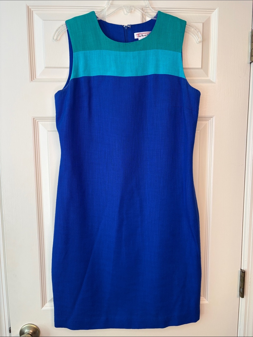 TALBOTS Vintage 90s Linen-Look Colorblock Blue Sheath Dress - Size 6